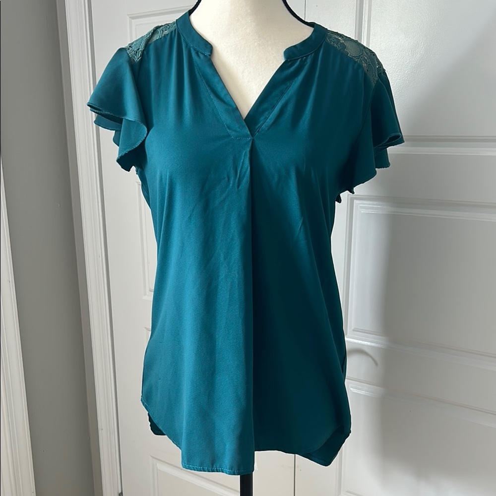 Vibrant Teal Flutter Sleeve Blouse with Mandarin Collar